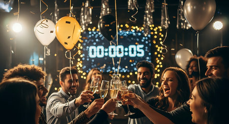 Diverse group of happy friends toasting champagne, celebrating New Year's Eve.の素材