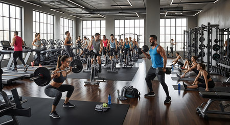 Modern gym bustling with people: weightlifting, cardio, and floor exercises.の素材