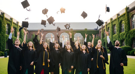 Diverse graduates celebrate success, tossing caps on university campus.の素材