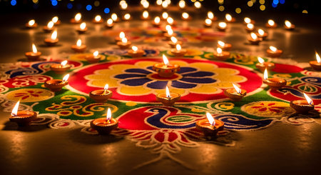 Traditional Indian clay lamps illuminating a beautiful, intricate rangoli pattern.の素材