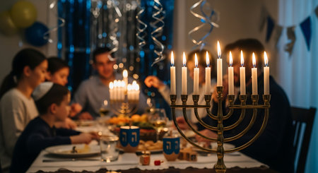 Family gathers for Hanukkah dinner, menorah glowing brightly, festive home.の素材