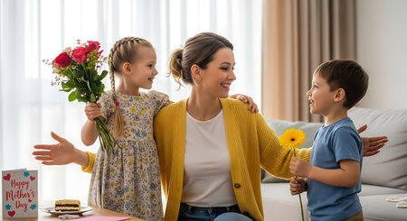 Smiling mother embraces children receiving flowers and gifts on Mother's Day.の素材