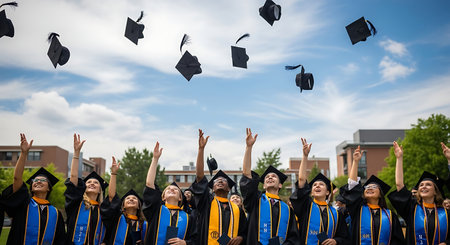 Diverse group of happy graduates celebrating achievement by tossing caps in airの素材