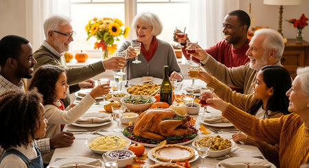 Multi-generational family celebrates holiday with a joyful toast.の素材