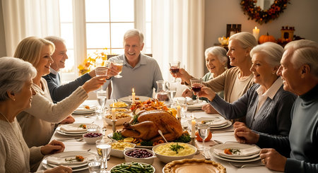 Senior group toasting with drinks at a warm, festive holiday dinner tableの素材