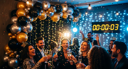 Joyful friends toast with champagne during a festive New Year's Eve countdown.の素材