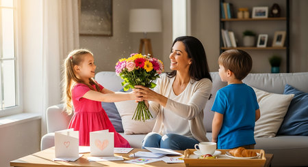 Happy family celebrating Mother's Day with flowers and handmade cards.の素材