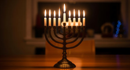 Menorah with glowing candles, illuminating a cozy, festive Hanukkah night.の素材