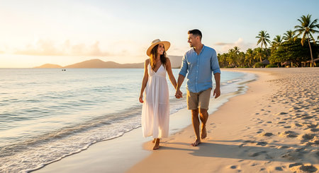 Loving couple hand in hand, walking along a beautiful tropical beach at sunset. Vacation romance.の素材