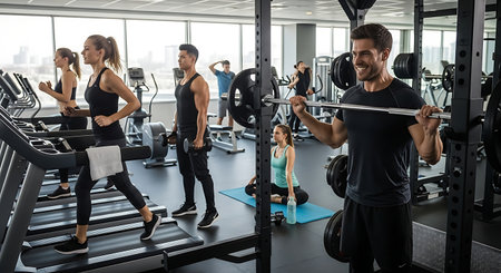 Diverse group engaging in cardio, strength training, and yoga in a bright gym.の素材