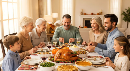 Joyful multi-generational family gathering for a festive holiday dinner.の素材