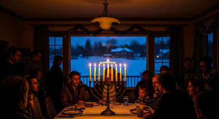 Cozy Hanukkah family gathering with lit menorah and snowy window backdrop.の素材