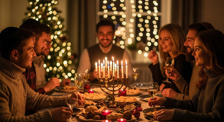 Joyful diverse group celebrating winter holidays with menorah and festive decor.の素材