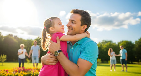 Loving dad embracing his little girl outdoors, family enjoying bright day.の素材