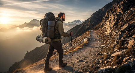 Bearded man hikes rugged mountain trail at sunrise, exploring vast wilderness.の素材