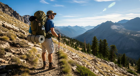 Solo male hiker pauses on mountain trail with backpack, enjoying nature.の素材