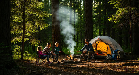 Happy family of four enjoying a cozy campfire and tent camping in nature.の素材