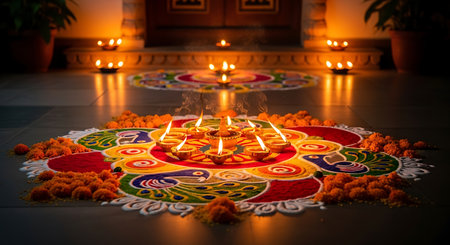 A vibrant rangoli design adorned with lit diyas & marigold flowers, perfect for Diwali.の素材