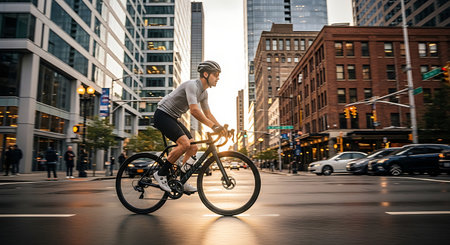 Man in cycling gear on a road bike riding through a vibrant city street during golden hour. Fitness and urban lifestyle concept.の素材