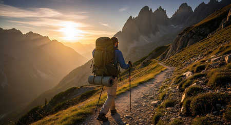 Solo trekker explores majestic alpine path at golden hour sunset.の素材