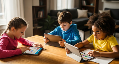 Diverse young students focused on tablets and studies, blending modern education.の素材