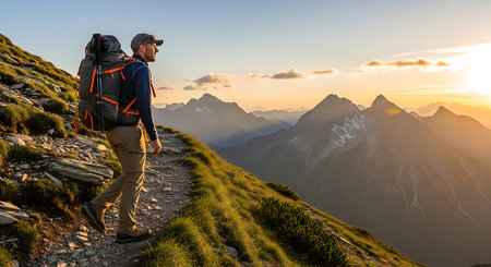 Adventurer hiking a scenic mountain trail at golden hour sunset.の素材