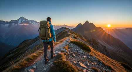 Man with backpack on mountain trail, enjoying a stunning sunrise landscape.の素材