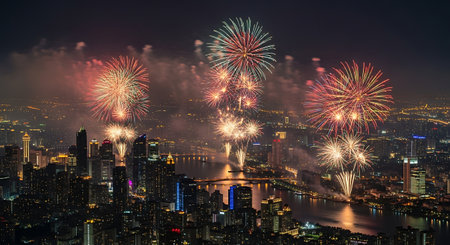 Vibrant cityscape illuminated by a grand fireworks display over a river.の素材