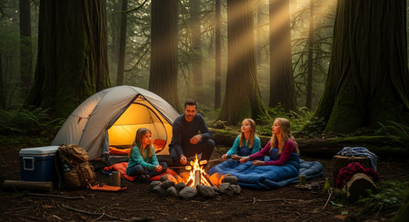 Outdoor adventure: Family camping in lush forest, warm campfire glow.の素材