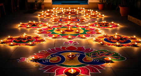 Warm glow of traditional diyas on intricate rangoli patterns during Diwali.の素材