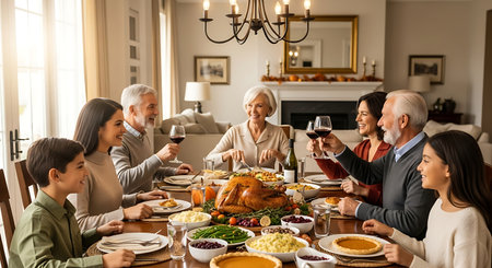 Joyful multi-generational family toasting during a festive holiday dinner.の素材