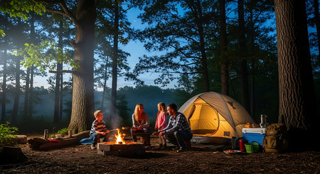 Happy family of four enjoying a cozy campfire and tent camping in a serene forest at dusk.の素材