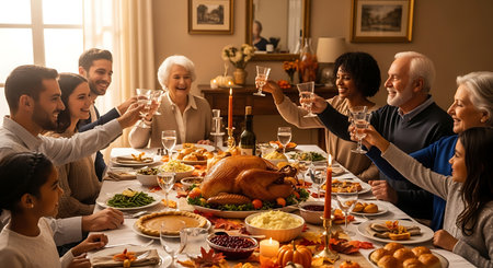 Diverse family celebrating Thanksgiving, raising glasses for a toast.の素材
