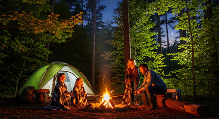 Family enjoys a cozy campfire, roasting treats by a tent in a dark forest.の素材