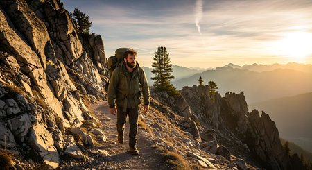 Scenic view of bearded man trekking rocky alpine path at sunset, adventure.の素材