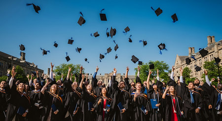 Diverse students in academic gowns celebrate graduation, throwing caps under a blue sky.の素材