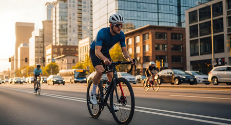 Active man cycles road bike through busy city street at golden hour.の素材