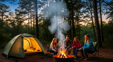 Joyful family camping, warming by campfire, roasting snacks under stars.の素材