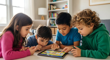 Four diverse children actively engaged, learning and playing on a digital tablet in a bright home setting.の素材