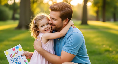 Adorable little girl hugs her proud dad with a Father's Day cardの素材