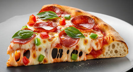 A delectable pepperoni pizza slice with stringy melted cheese, basil, and peppers.の素材