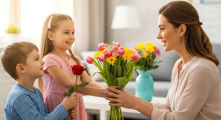 Loving children surprise their mother with flowers on a special day.の素材
