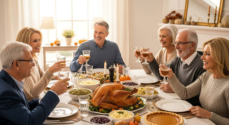 Multigenerational family happily toasting at festive holiday dinner.の素材