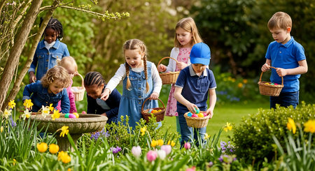 Happy diverse kids collecting colorful Easter eggs in a vibrant spring garden.の素材