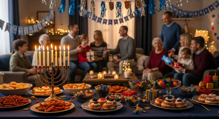 Multi-generational family celebrating Hanukkah with gifts, food, menorah in a cozy home.の素材