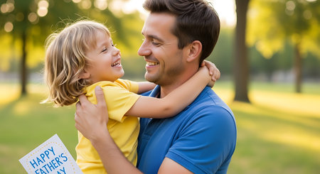Father and son share a joyful embrace in a sunny park, celebrating Father's Day.の素材