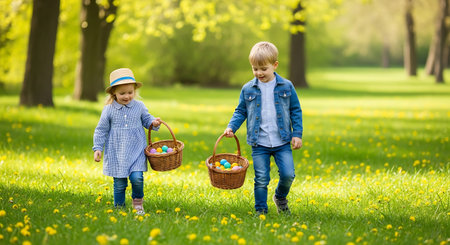 Joyful kids hunting for Easter eggs in a vibrant spring park.の素材