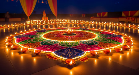Colorful rangoli design, glowing diyas, festive Indian night ambiance, celebration.の素材