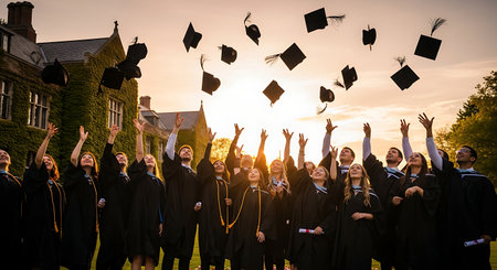 Happy diverse graduates celebrate success, tossing caps during golden hour.の素材
