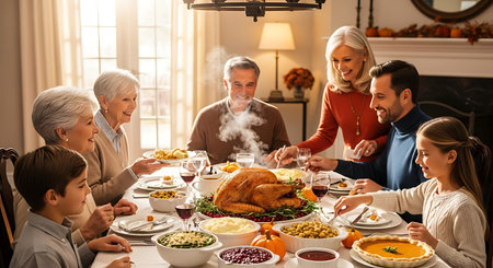 Multi-generational family gathering for a festive holiday dinner with turkey and all the trimmings.の素材